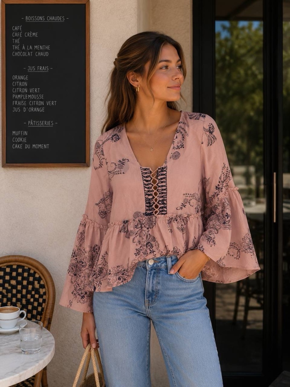 Women’s Blush Floral Peasant Top with Lace-Up Front